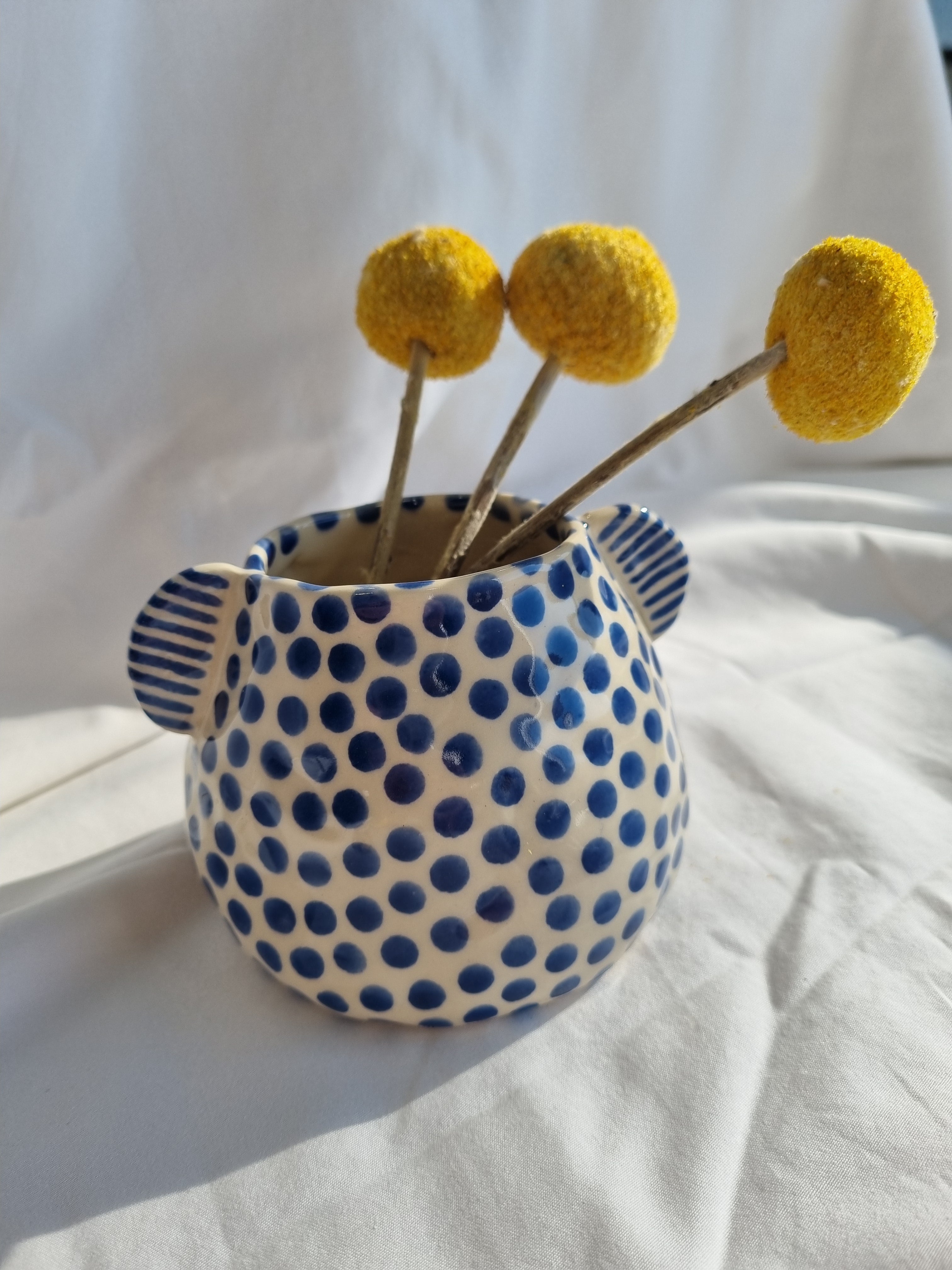Large Blue Dot Sculptural Bud Vase