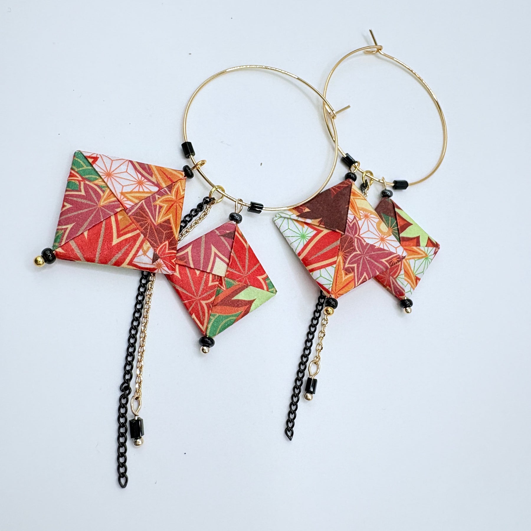 Autumn Leaves Origami Hoop Earrings – Japanese Paper – Gold Hoop Dangles