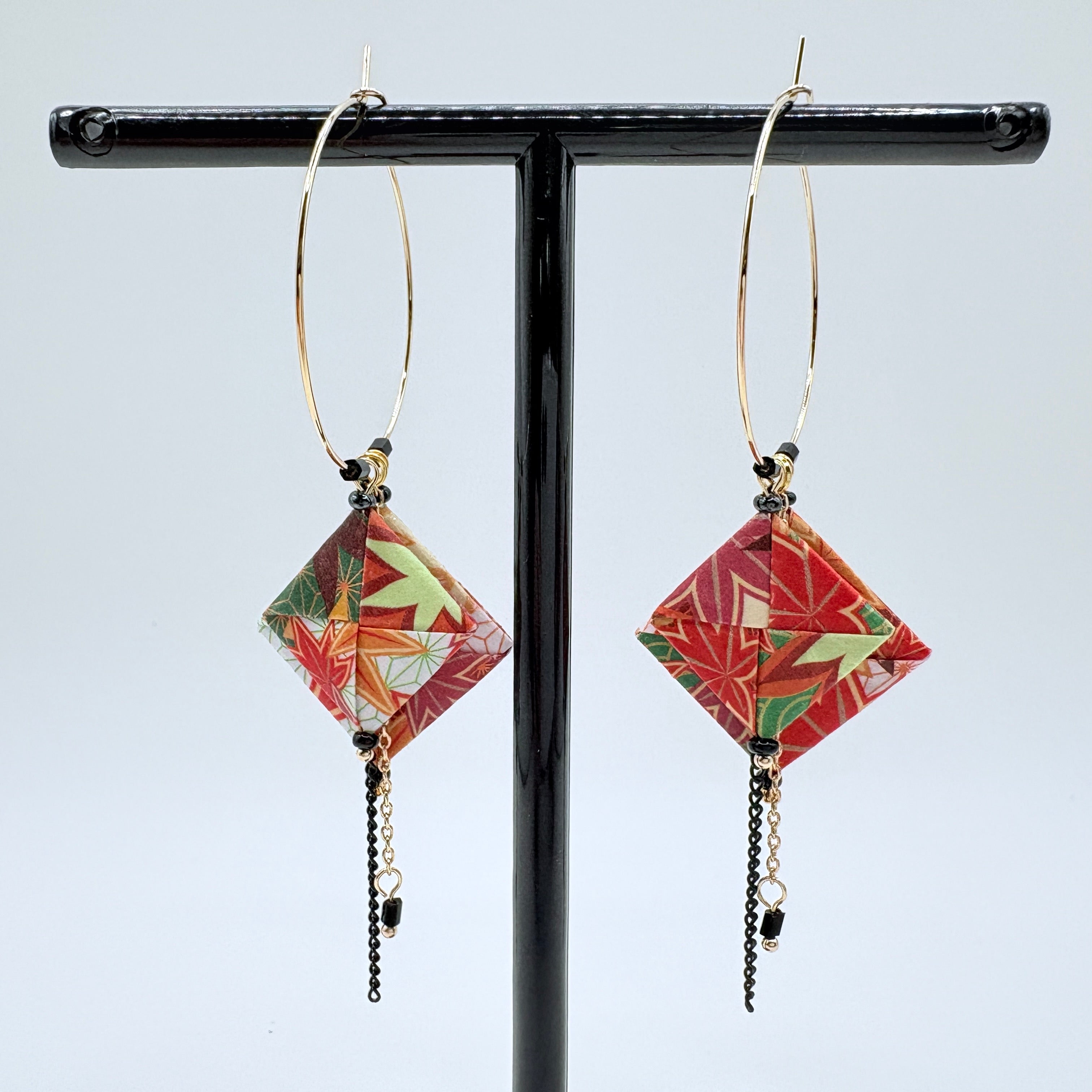 Autumn Leaves Origami Hoop Earrings – Japanese Paper – Gold Hoop Dangles