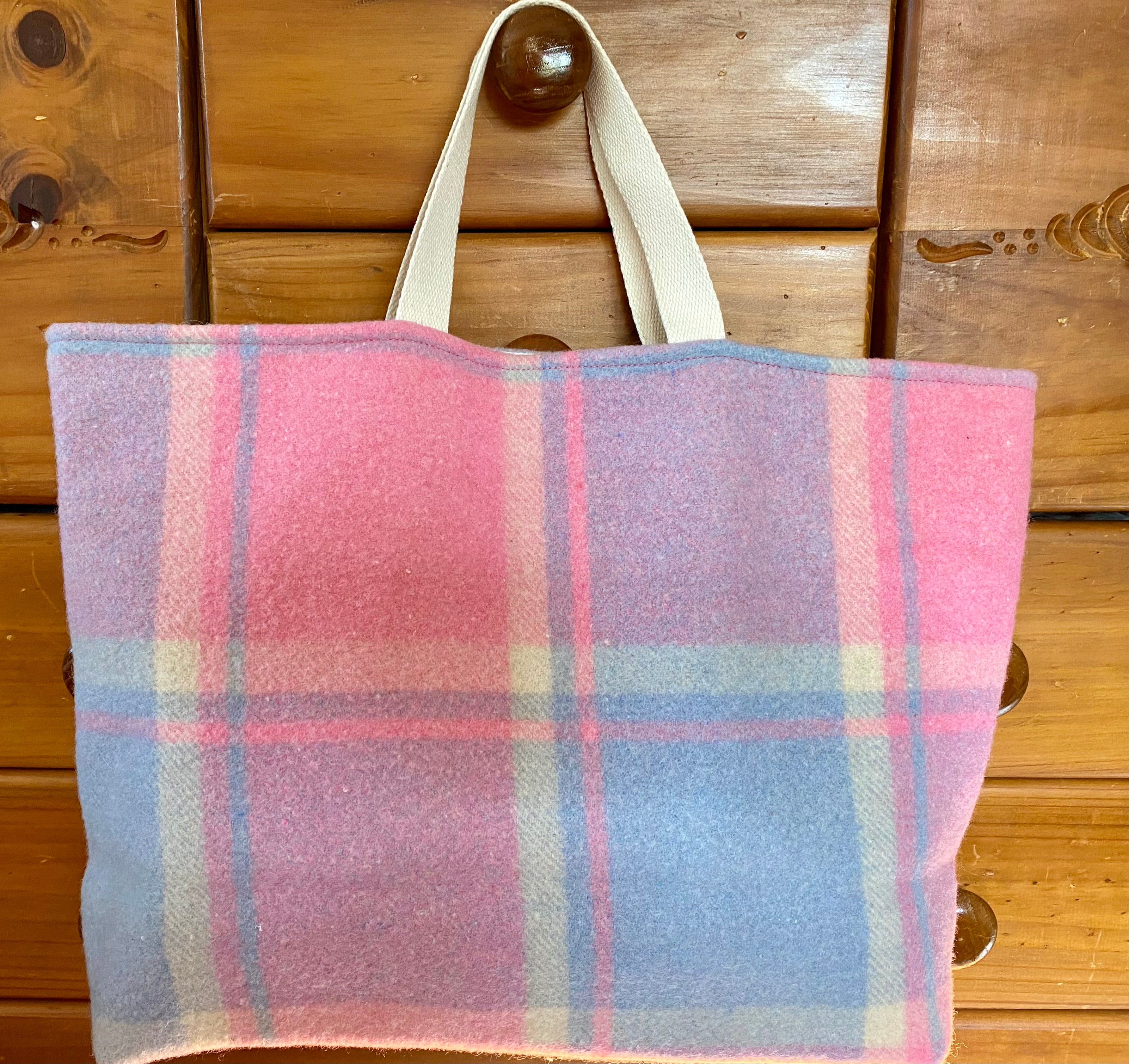 Upcycled Woollen Blanket - Market Tote - Pink/Blue