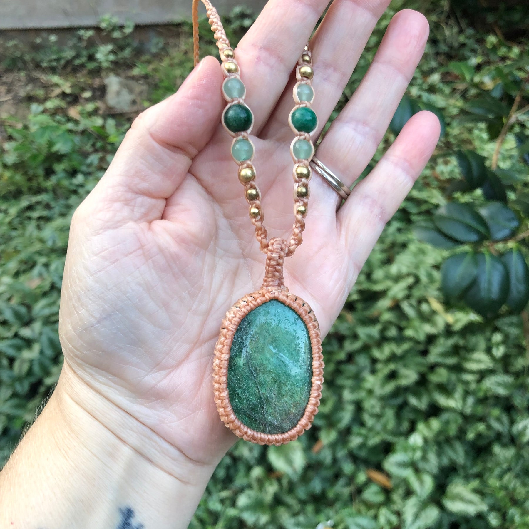 Green Fuschite Pendant Necklace: Beaded Macrame, Adjustable Boho Gift