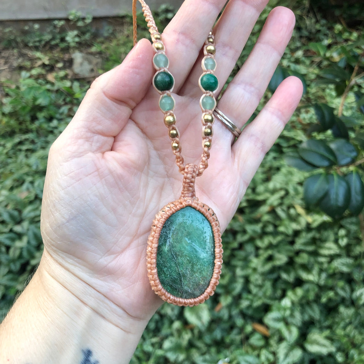 Green Fuschite Pendant Necklace: Beaded Macrame, Adjustable Boho Gift