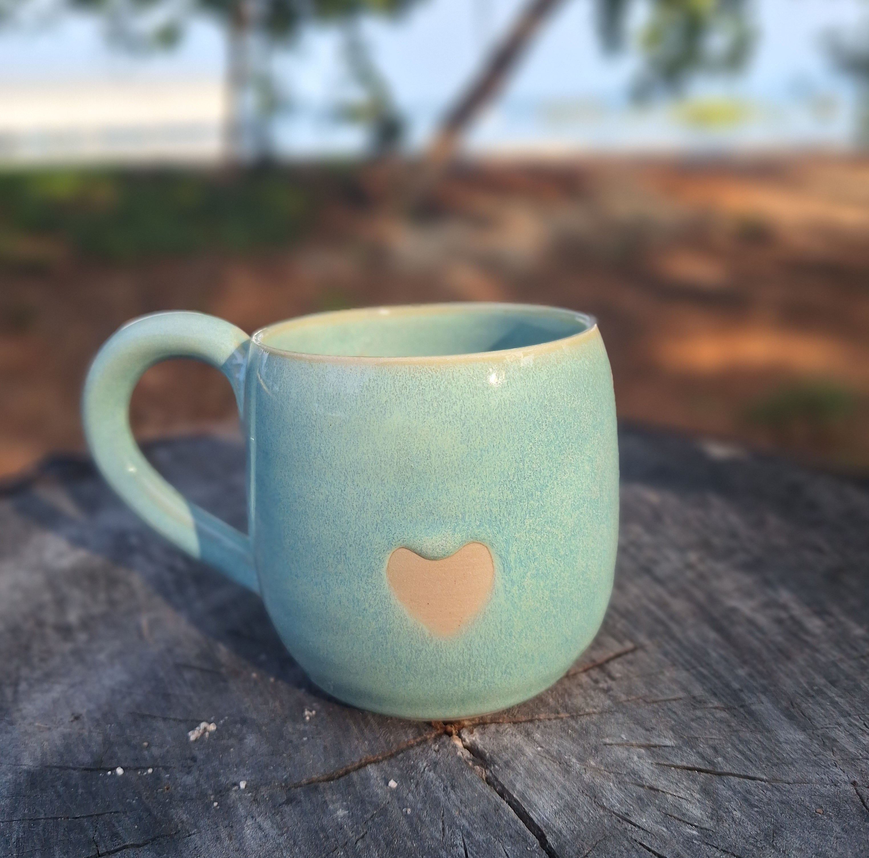 Pottery coffee mug - Green glaze with love heart