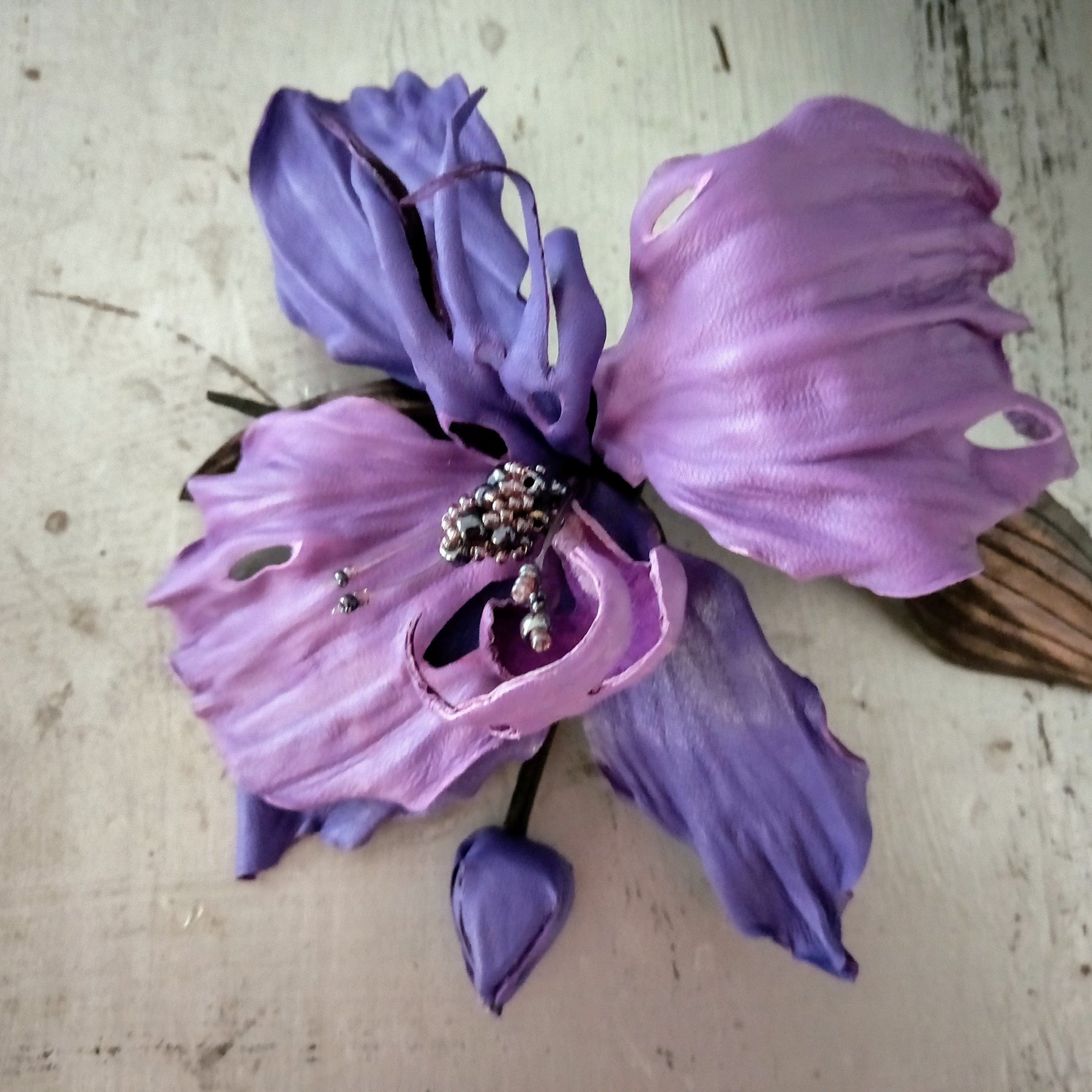 Leather Orchid Night Beauty , Flower Brooch, hair hat clip