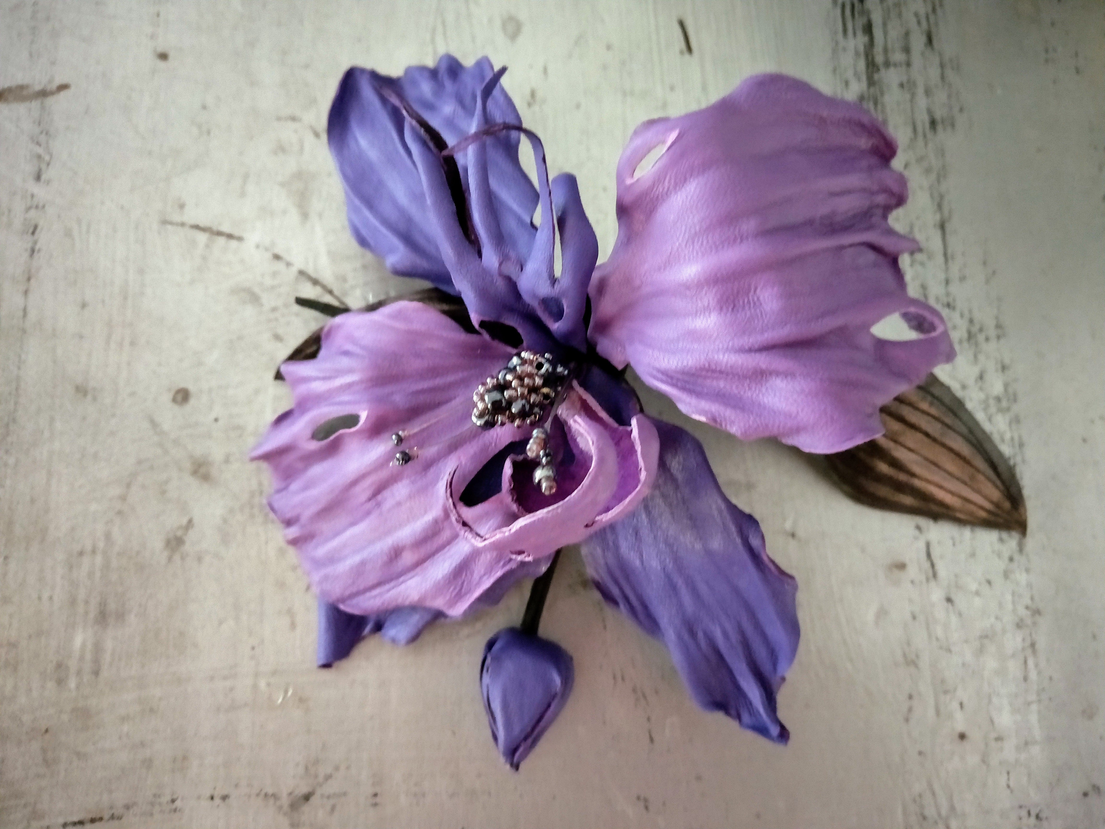 Leather Orchid Night Beauty , Flower Brooch, hair hat clip