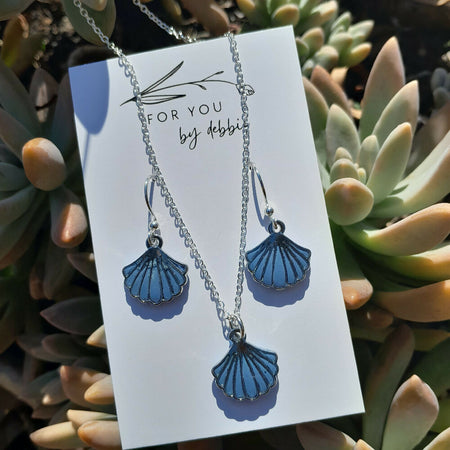 Seashell blue polymer clay and resin earrings and necklace