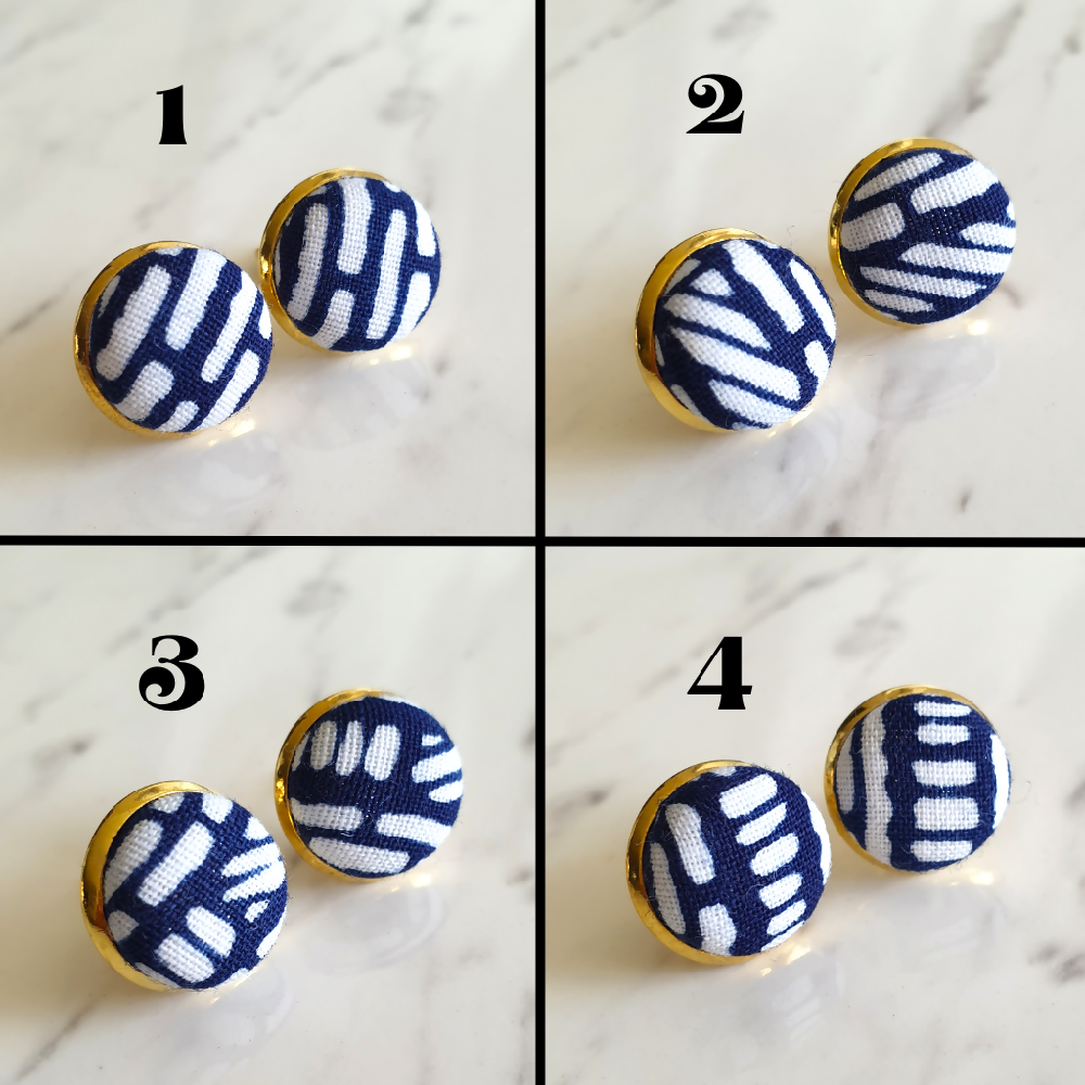 1.4cm Round White dot Deep Blue Japanese Yukata Fabric Gold colour Cabochon stud earrings