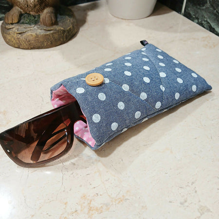 Sunglass case protector, eyewear case, blue and white polka dots