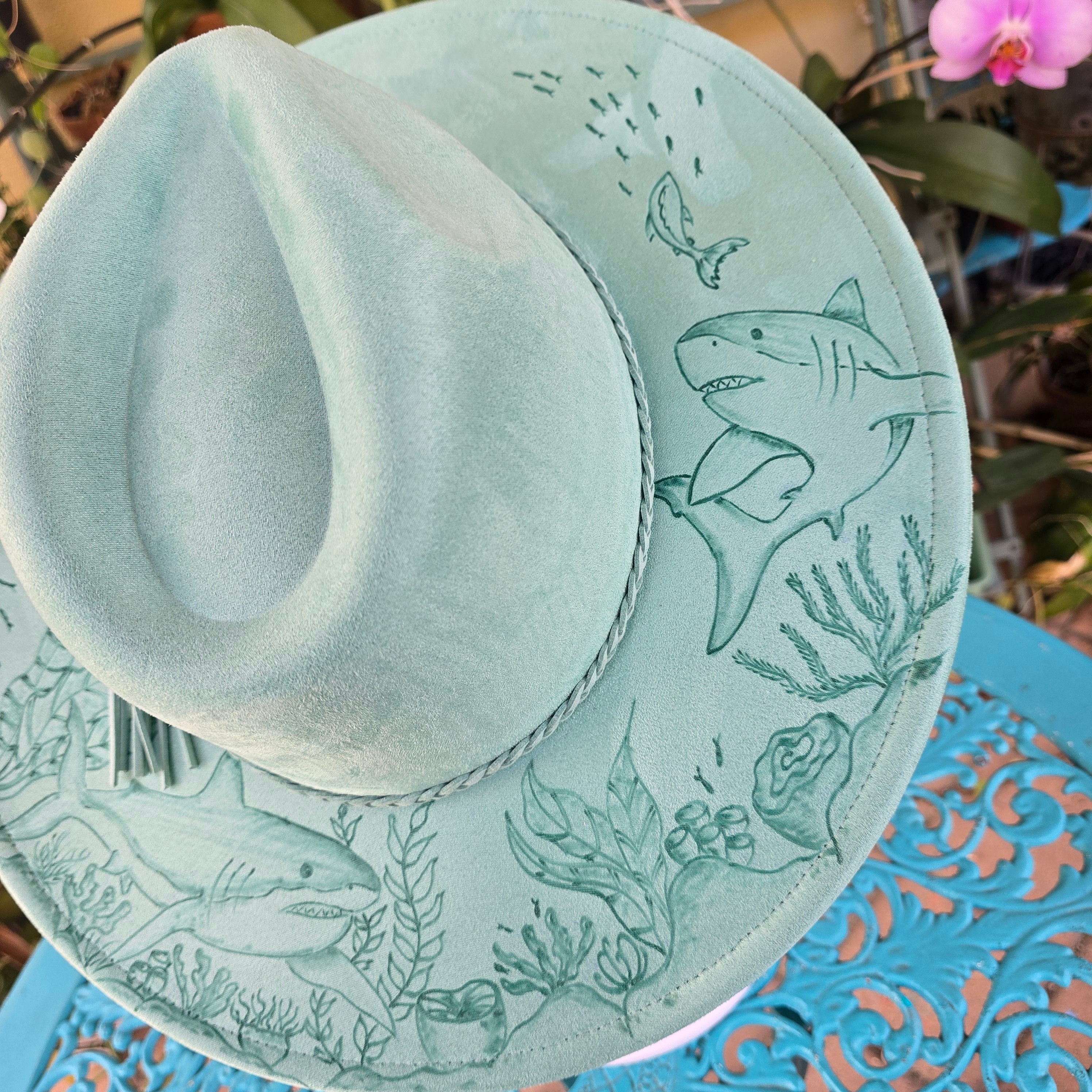 Hand burnt fedora hat - Ocean & Sharks