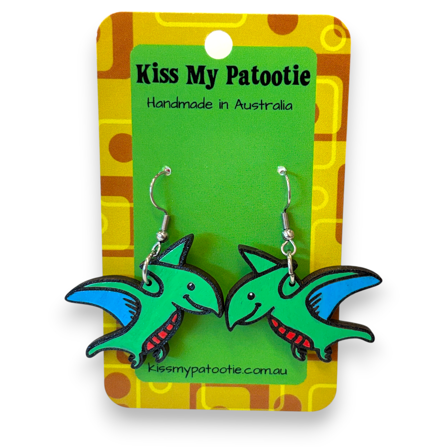 Wooden dinosaur earrings - hand painted - green