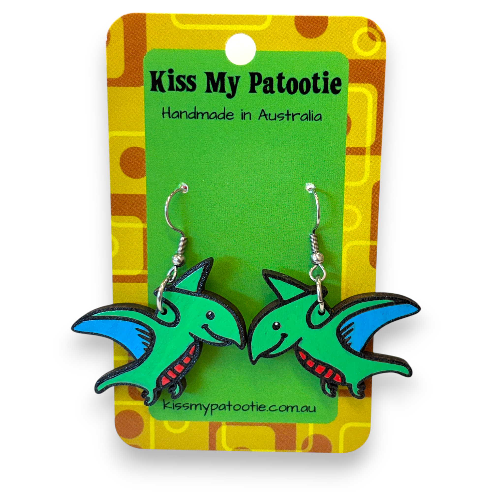 Wooden dinosaur earrings - hand painted - green