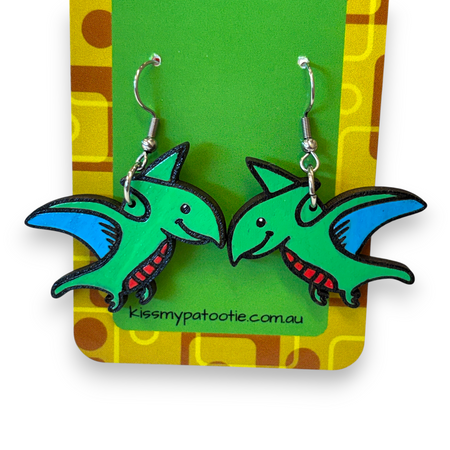 Wooden dinosaur earrings - hand painted - green