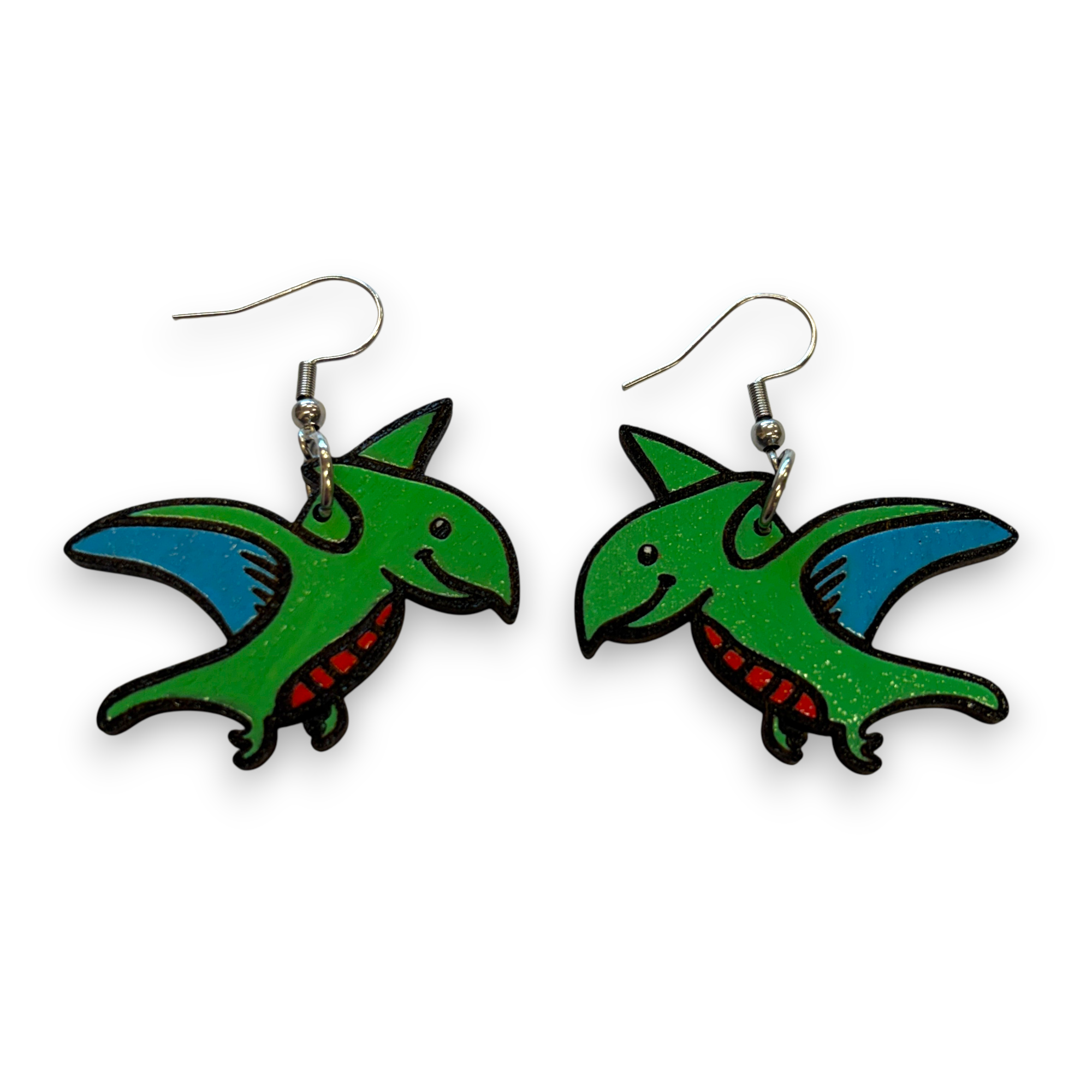 Wooden dinosaur earrings - hand painted - green