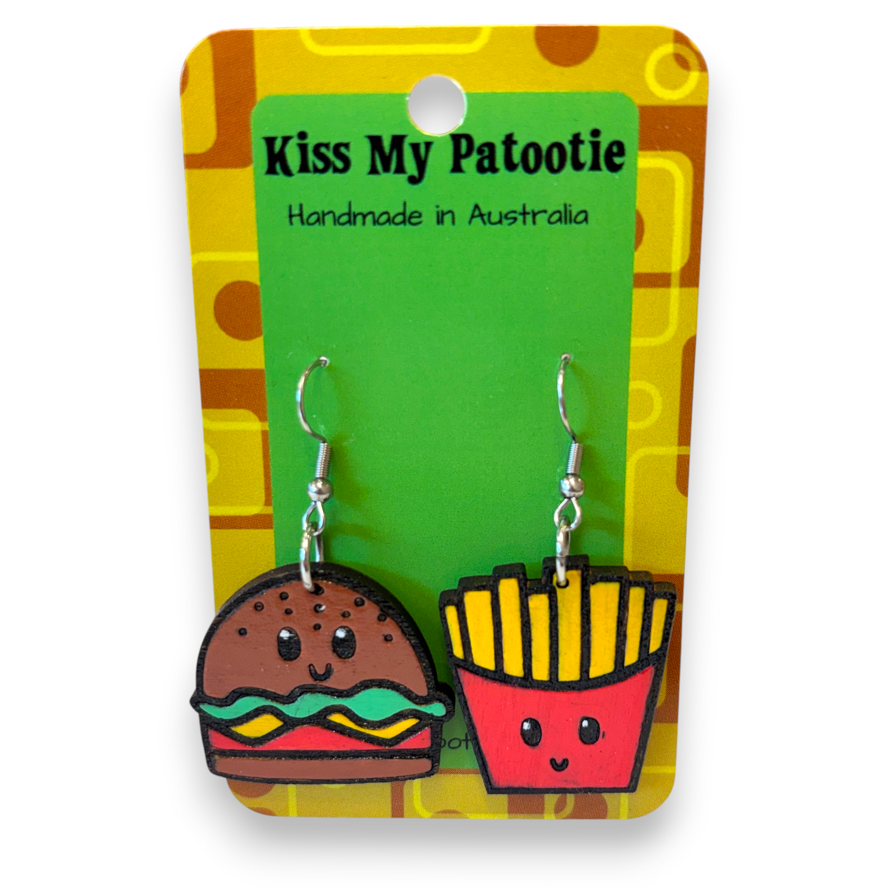Wooden burger and fries earrings - hand painted