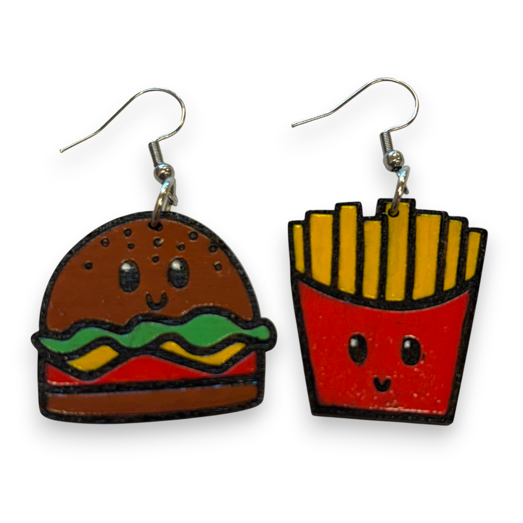 Wooden burger and fries earrings - hand painted