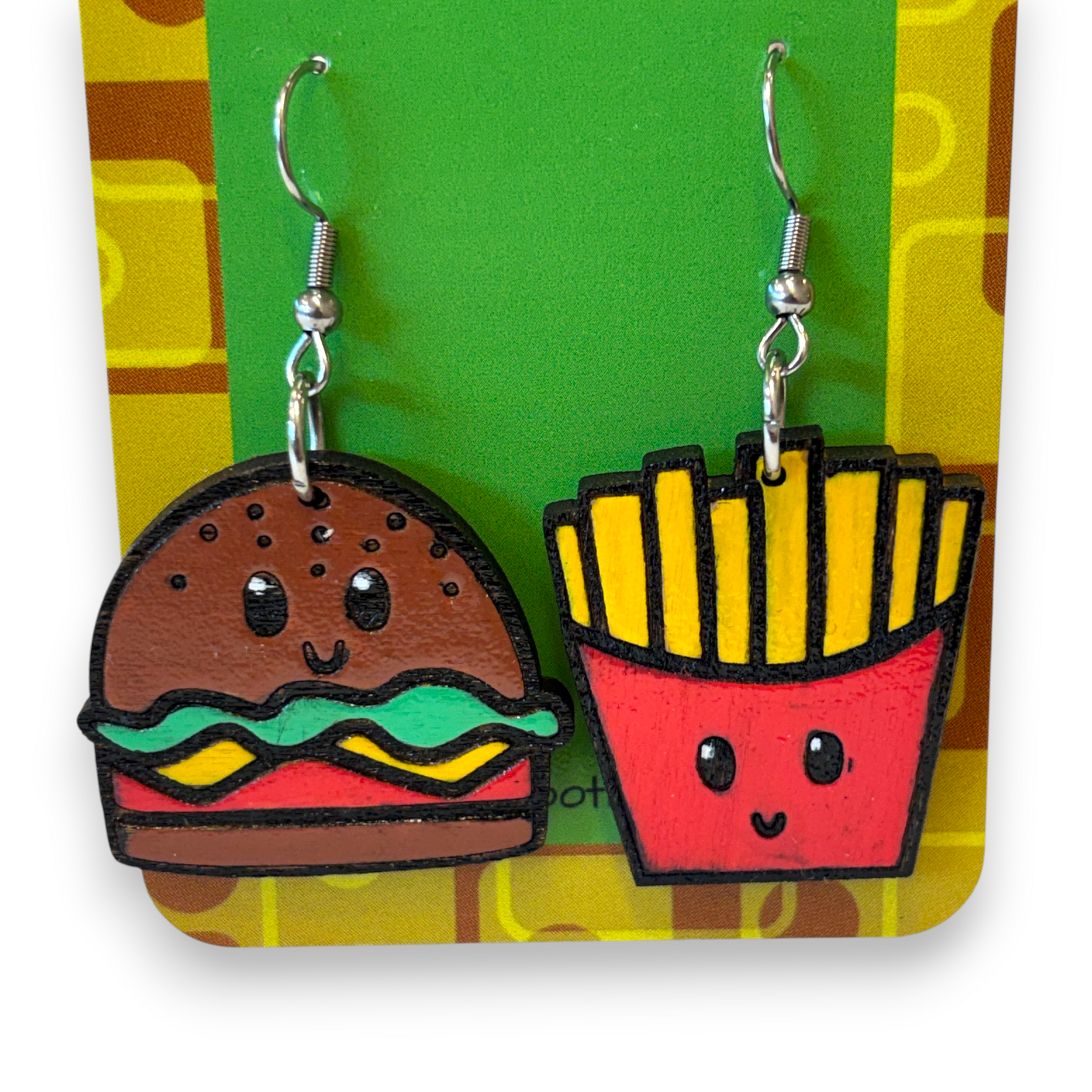 Wooden burger and fries earrings - hand painted