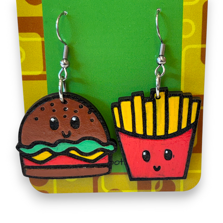 Wooden burger and fries earrings - hand painted