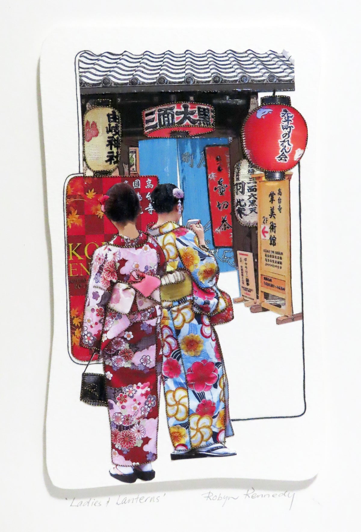 Unframed Collage Art - Colourful Japanese Women & Lanterns