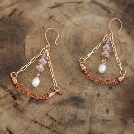 Copper Wire Knitted Pearl Earrings