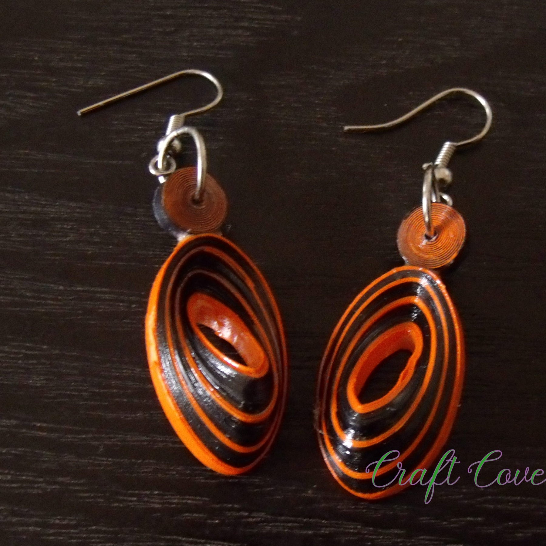 Earrings Quilled Orange and Black Tiger Skewed