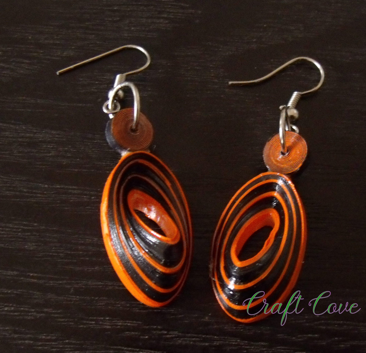 Earrings Quilled Orange and Black Tiger Skewed