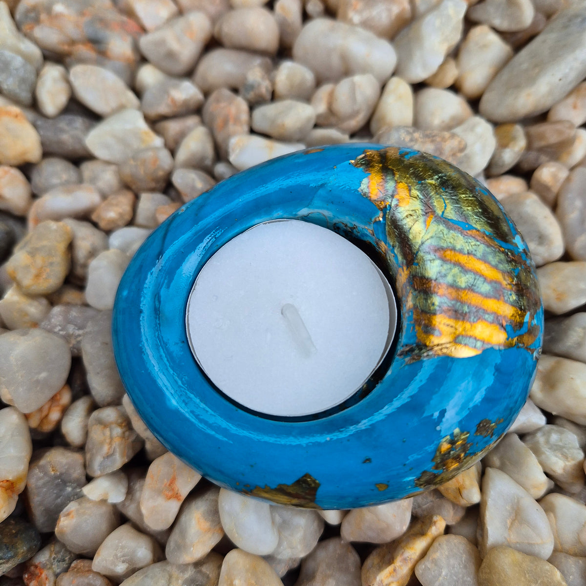 Teal and gold eco-stone pebble shaped tealight candle holder