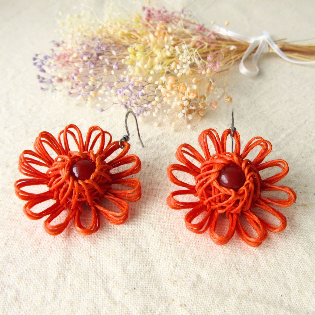 Orange Handmade Flower Earrings - Choose Your Gemstone (Green Aventurine, Carnelian Agate, Hemimorphite)
