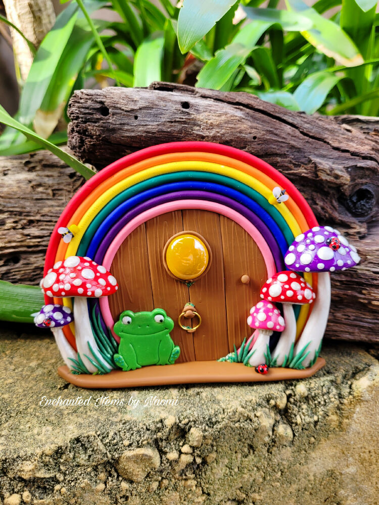 Cottagecore Mushroom and Rainbow Fairy door with a happy frog