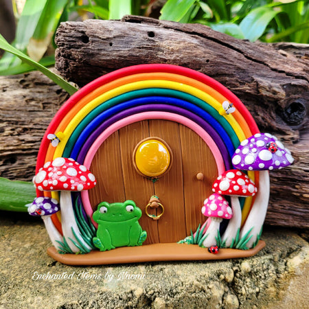 Cottagecore Mushroom and Rainbow Fairy door with a happy frog