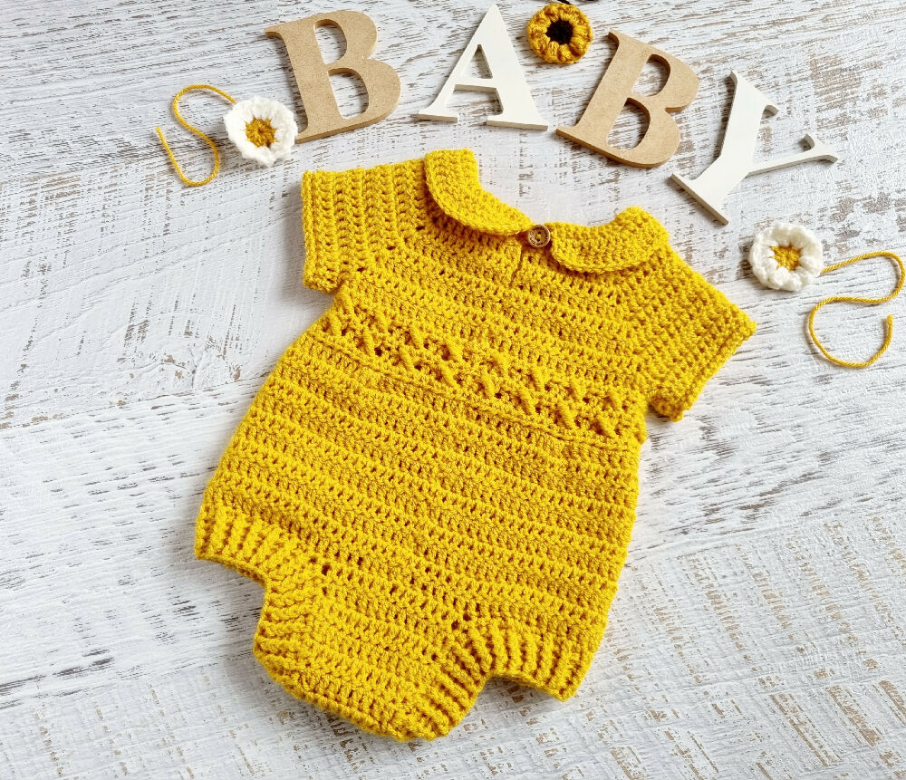 Baby Romper | Newborn | Mustard | Handmade | Crocheted