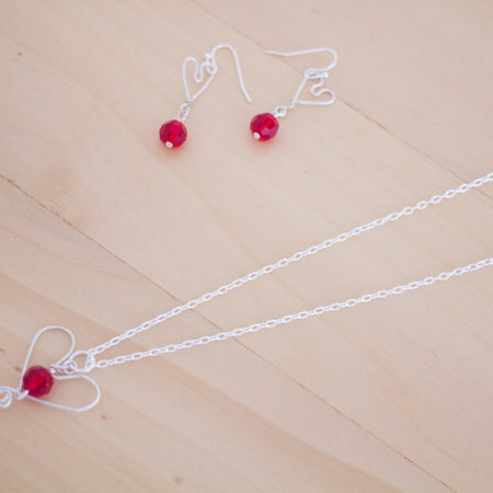 Silver Heart and Red Crystal Pendant Necklace and Earrings Set