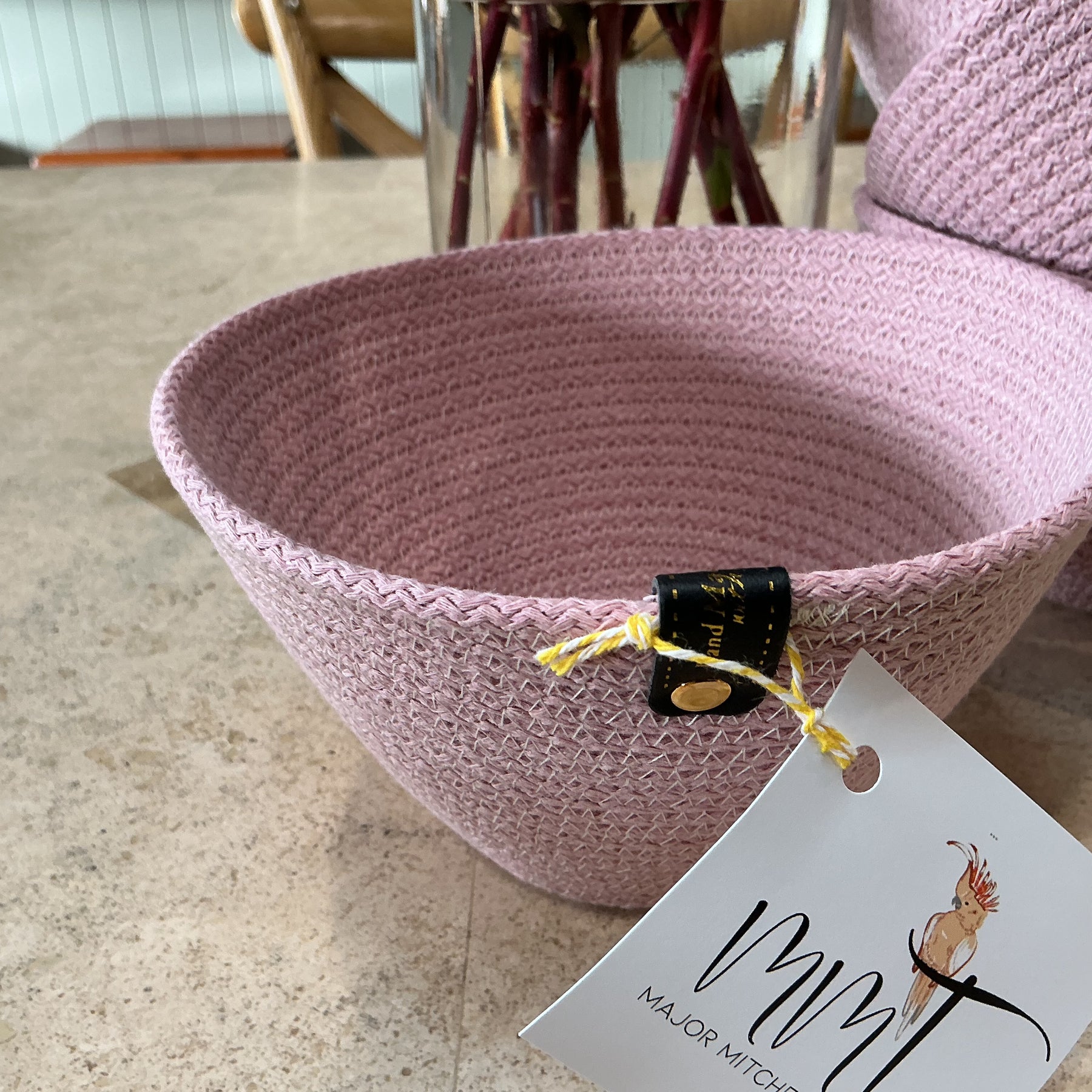 Dainty pink trinket basket, cotton rope