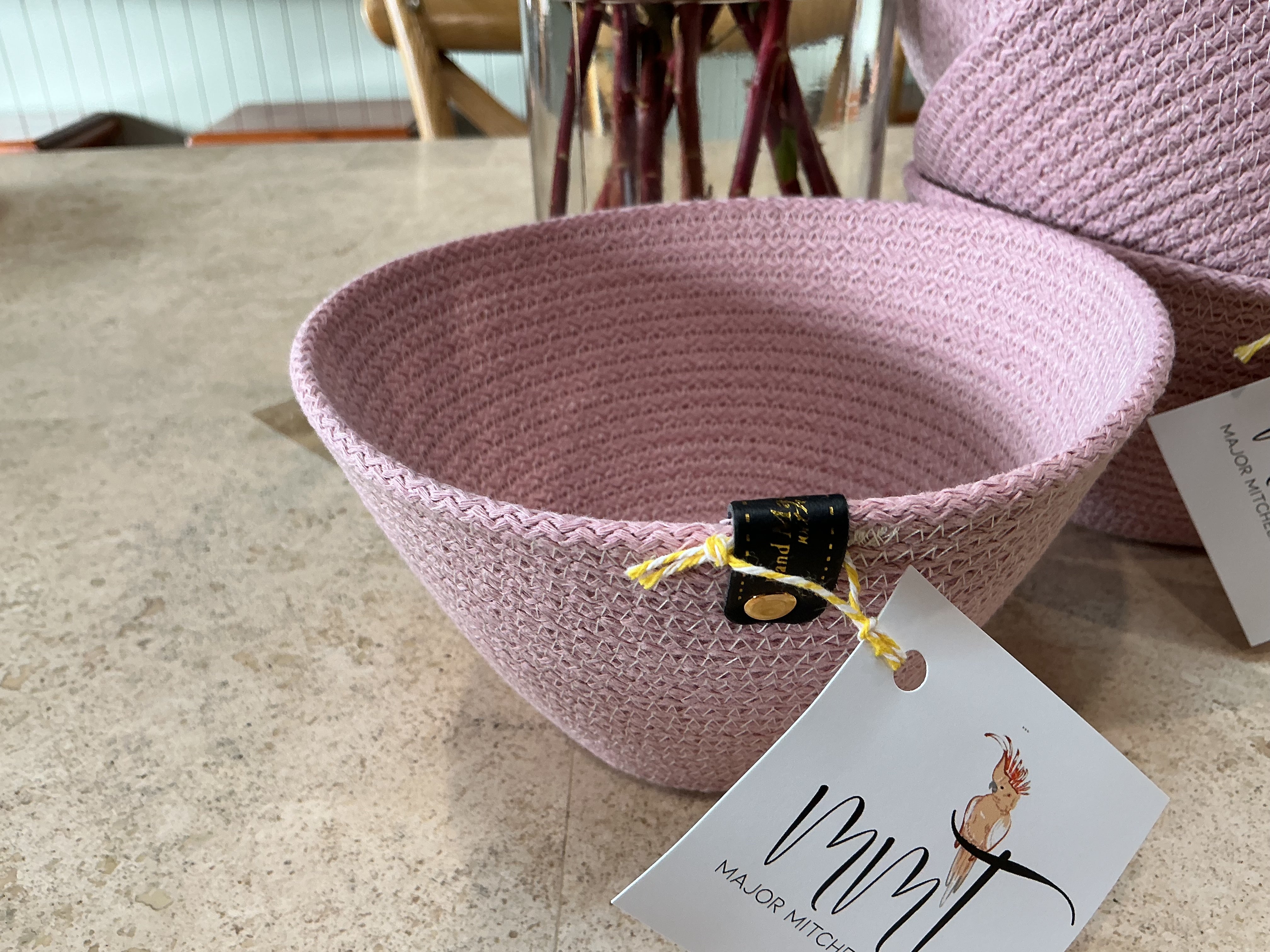 Dainty pink trinket basket, cotton rope