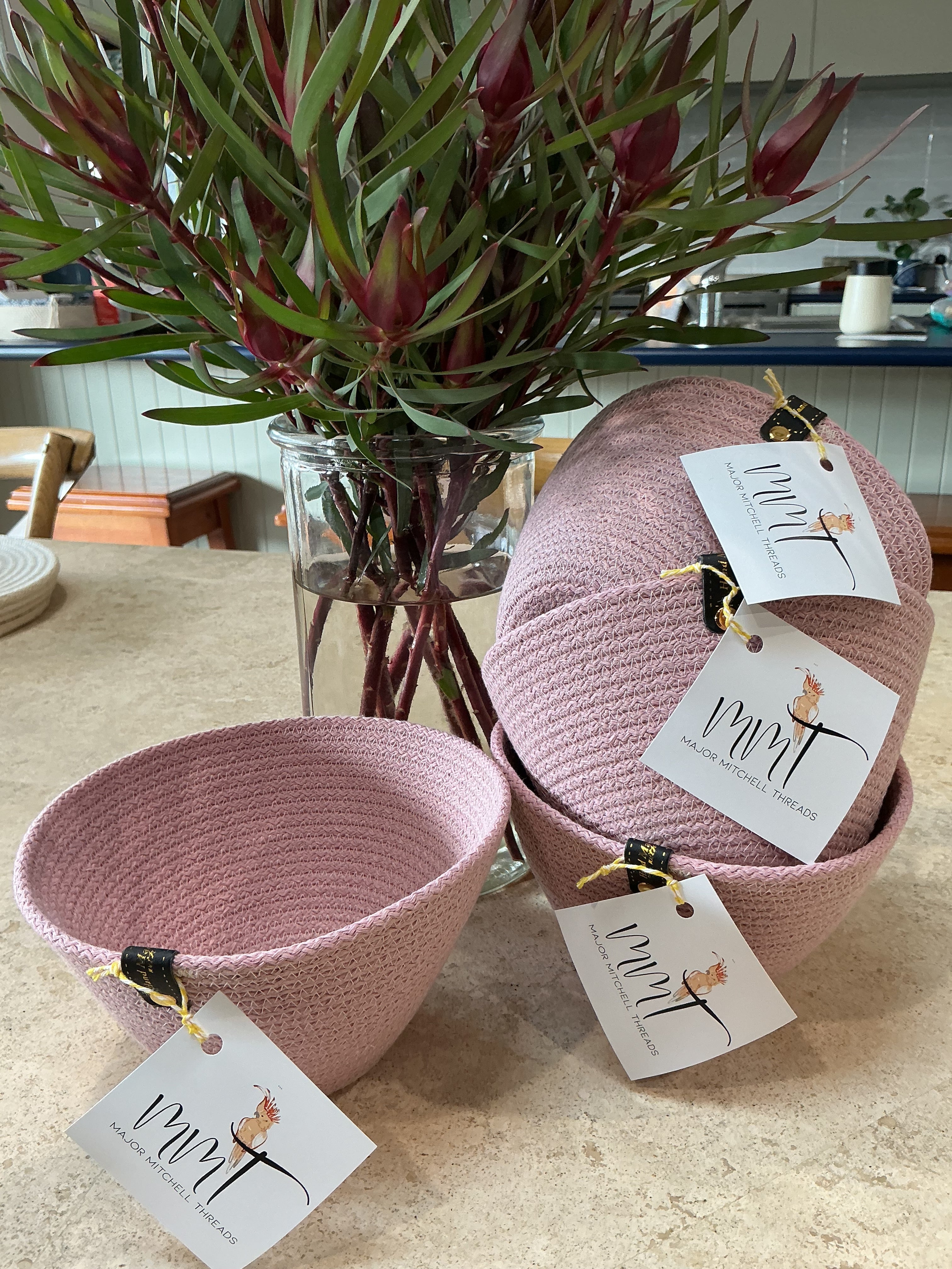 Dainty pink trinket basket, cotton rope