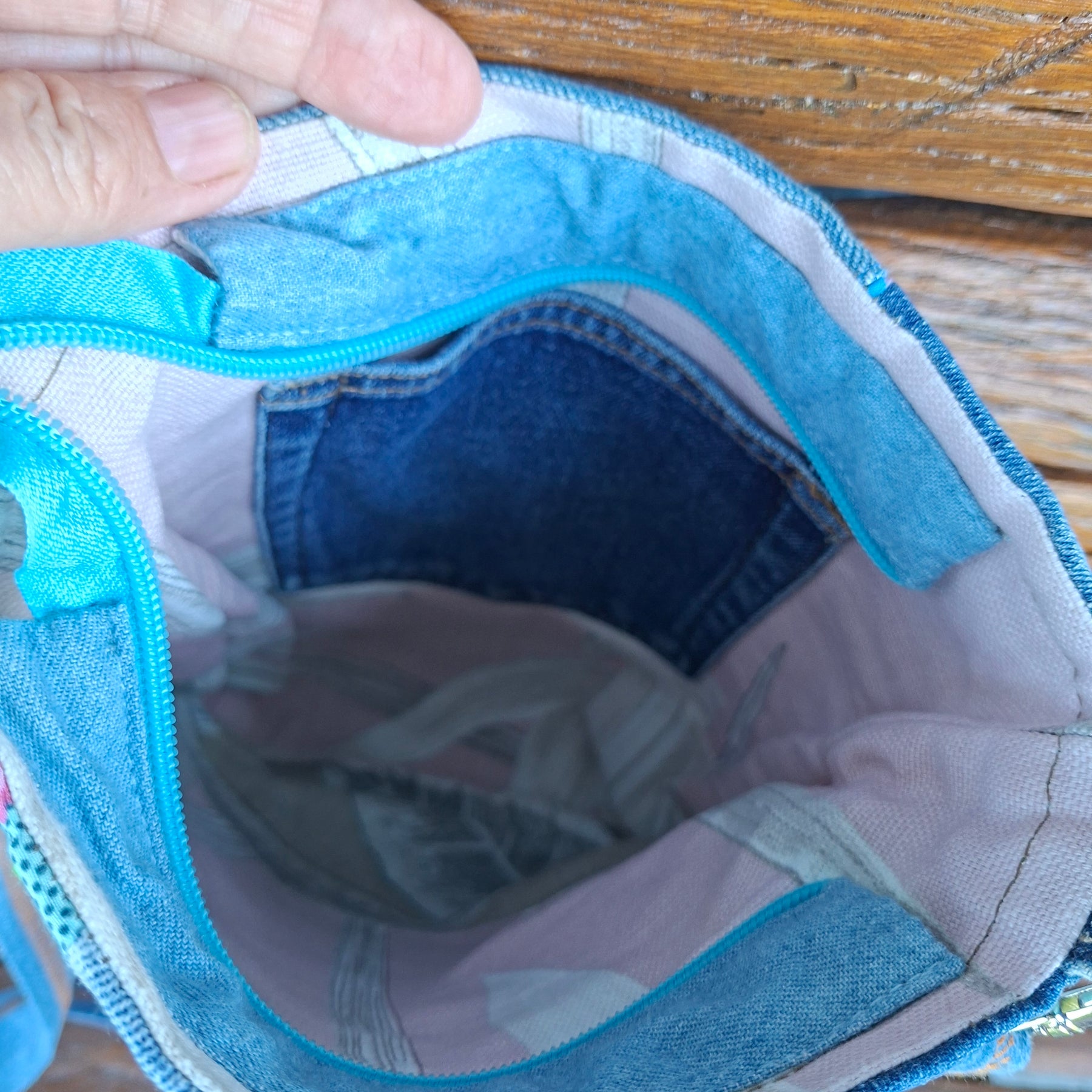 SALE - Blue, Floral & Denim Cross Body Bag w matching pouch
