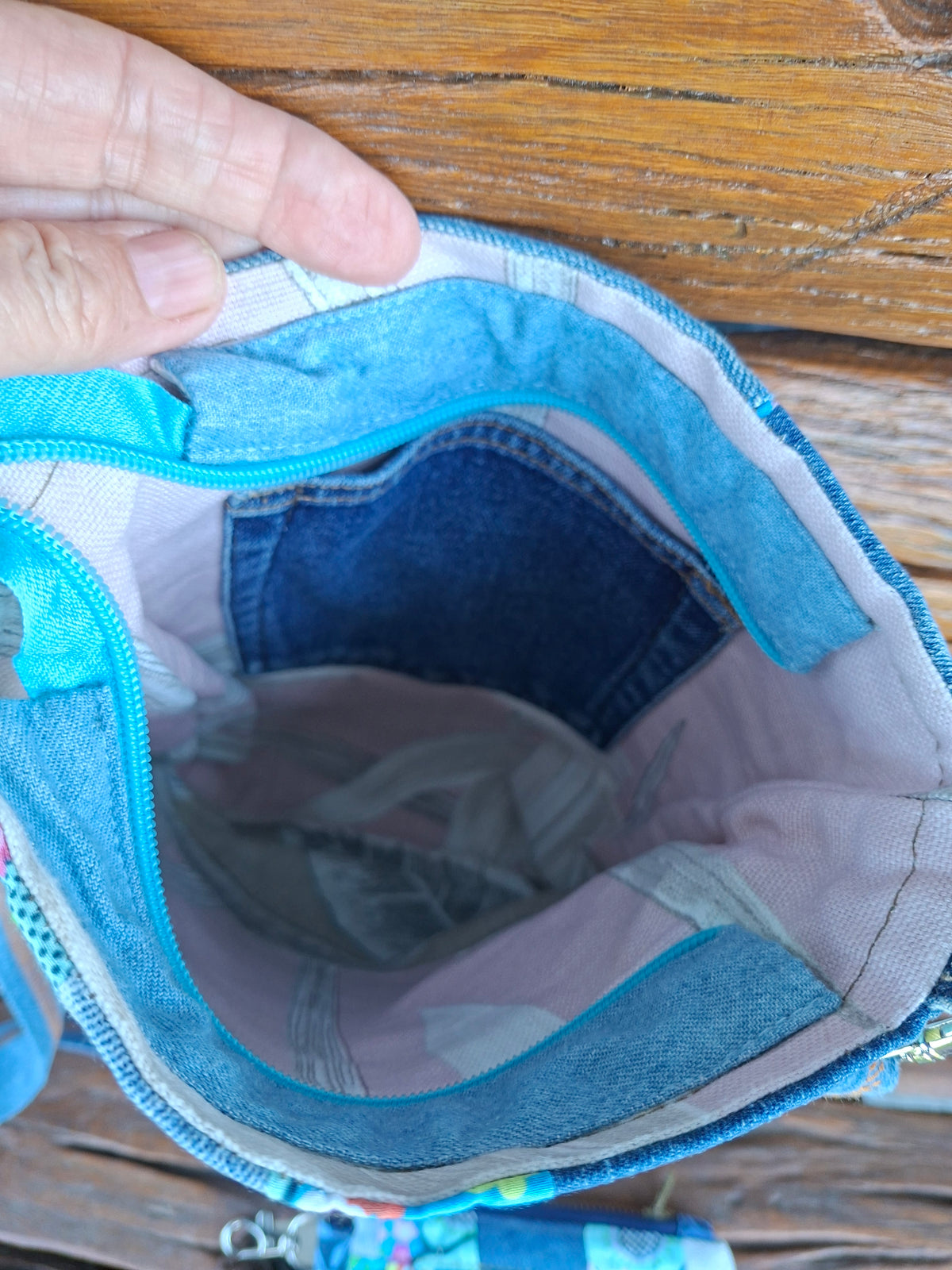SALE - Blue, Floral & Denim Cross Body Bag w matching pouch