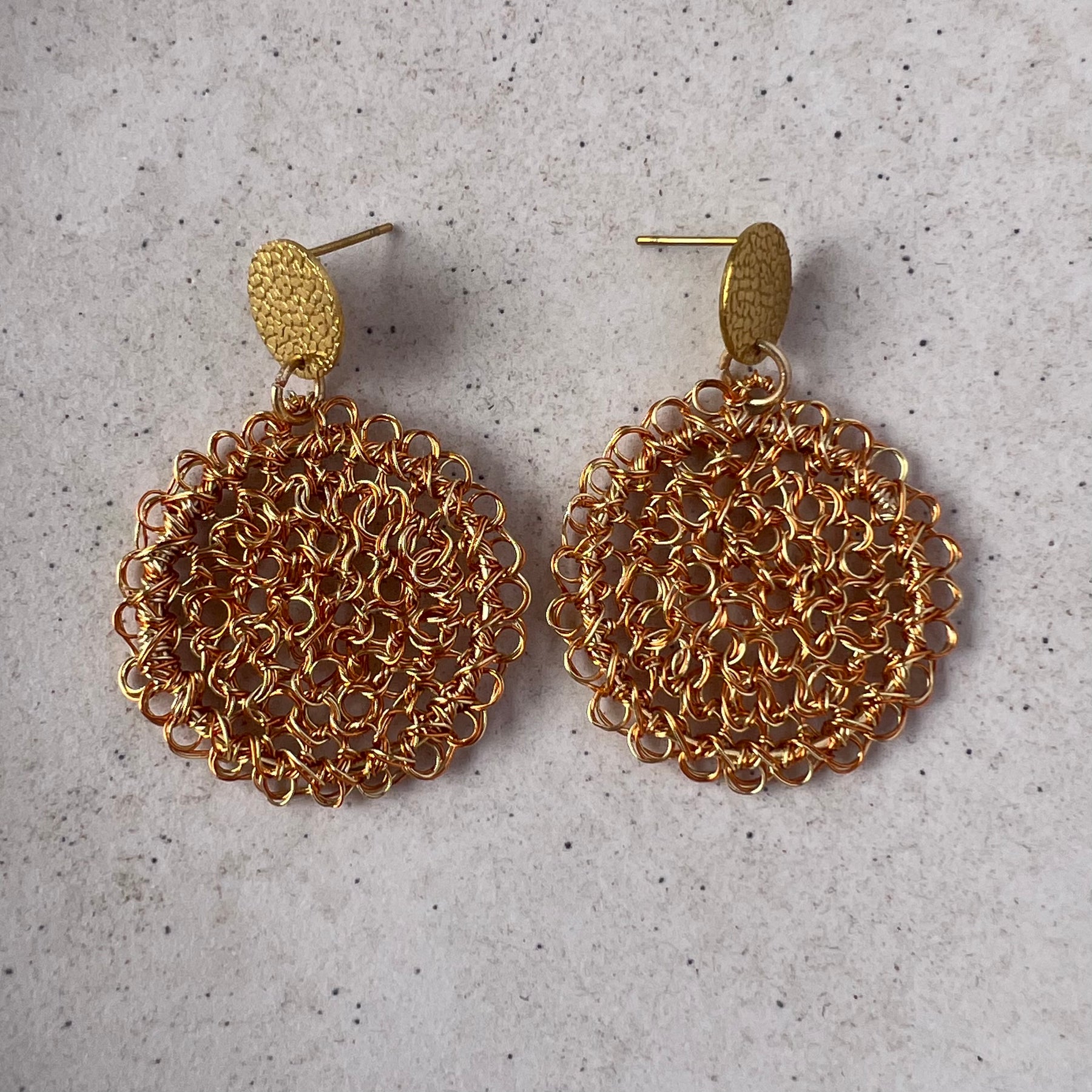 Luz del Sol (light of the sun) circle Peruvian wire earrings in gold and copper