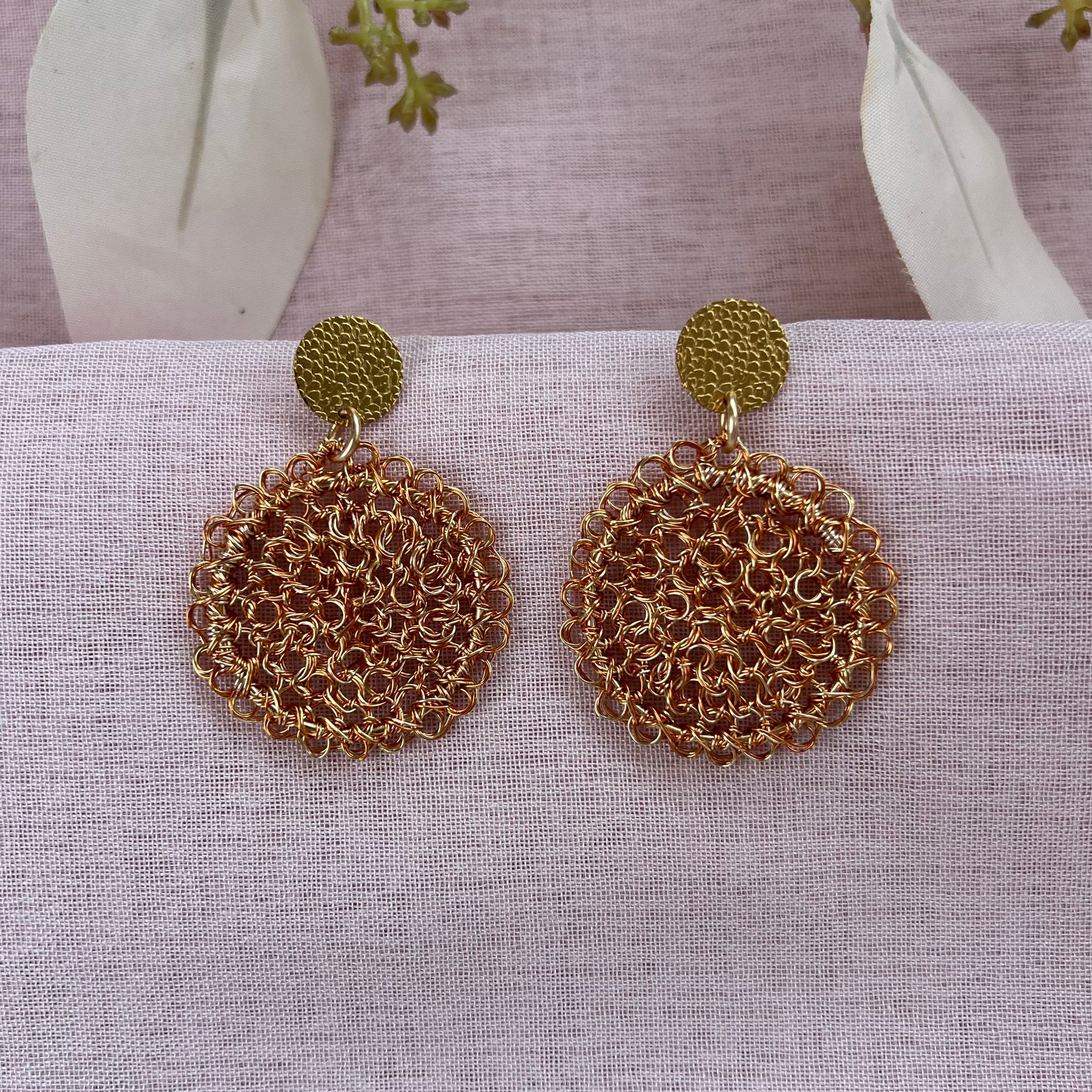 Luz del Sol (light of the sun) circle Peruvian wire earrings in gold and copper