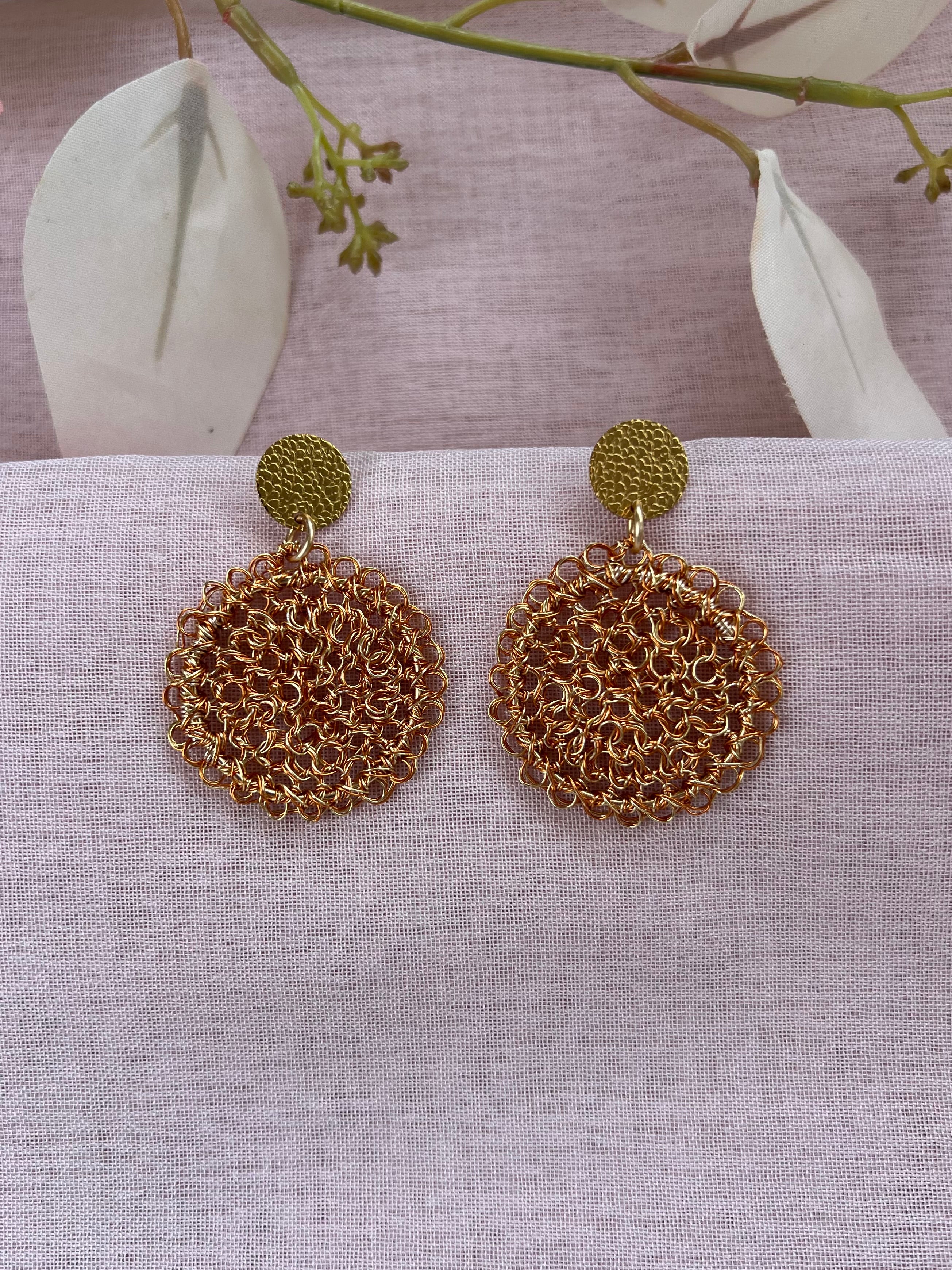 Luz del Sol (light of the sun) circle Peruvian wire earrings in gold and copper