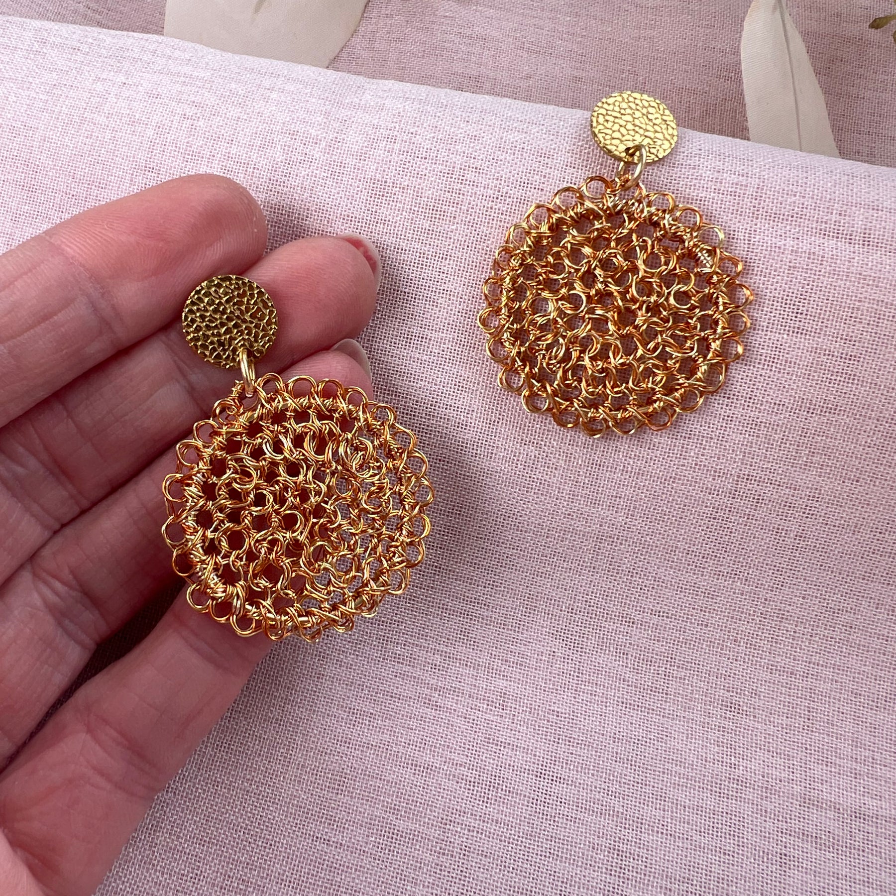 Luz del Sol (light of the sun) circle Peruvian wire earrings in gold and copper