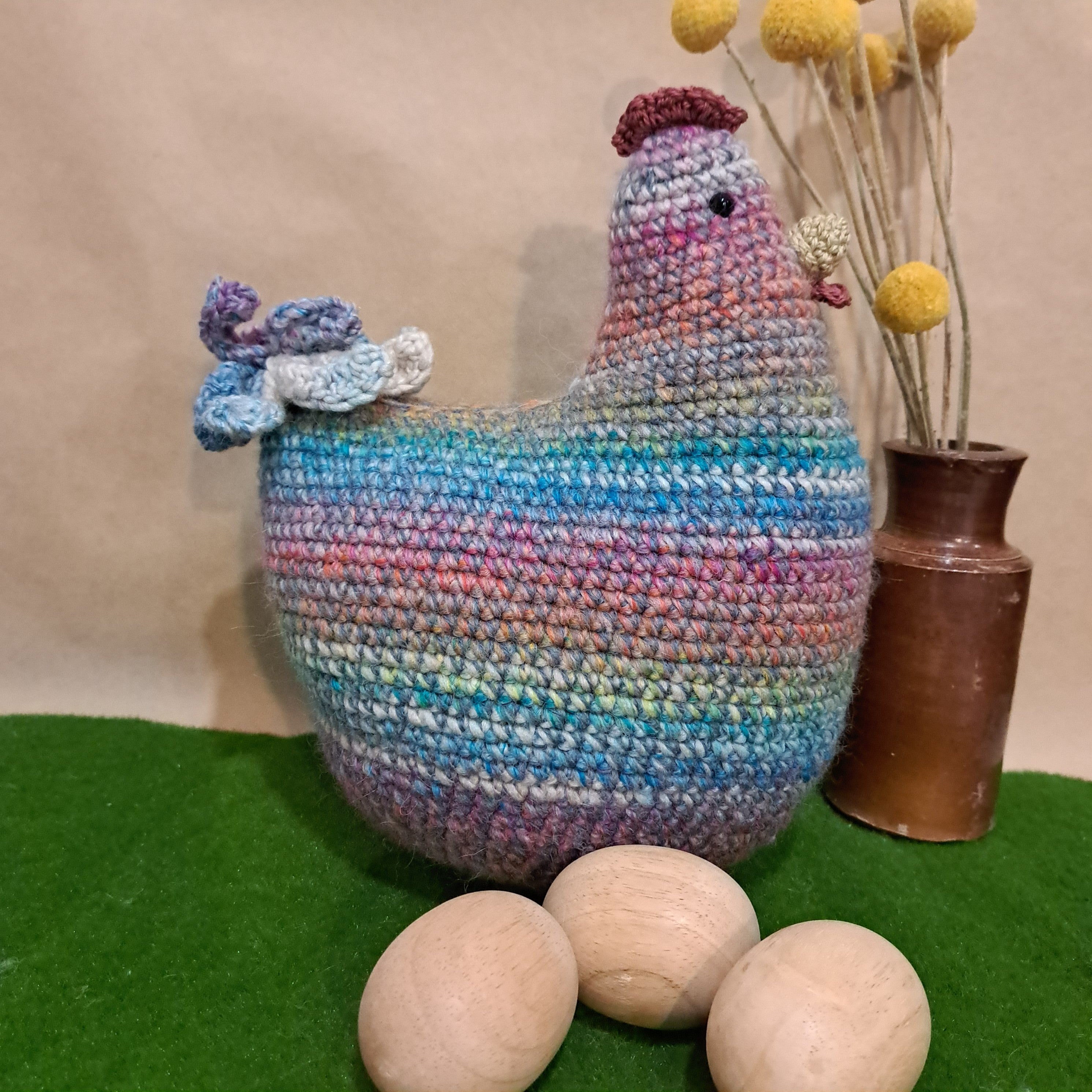 Crochet chicken pillow/cushion/toy/pinks, blues.