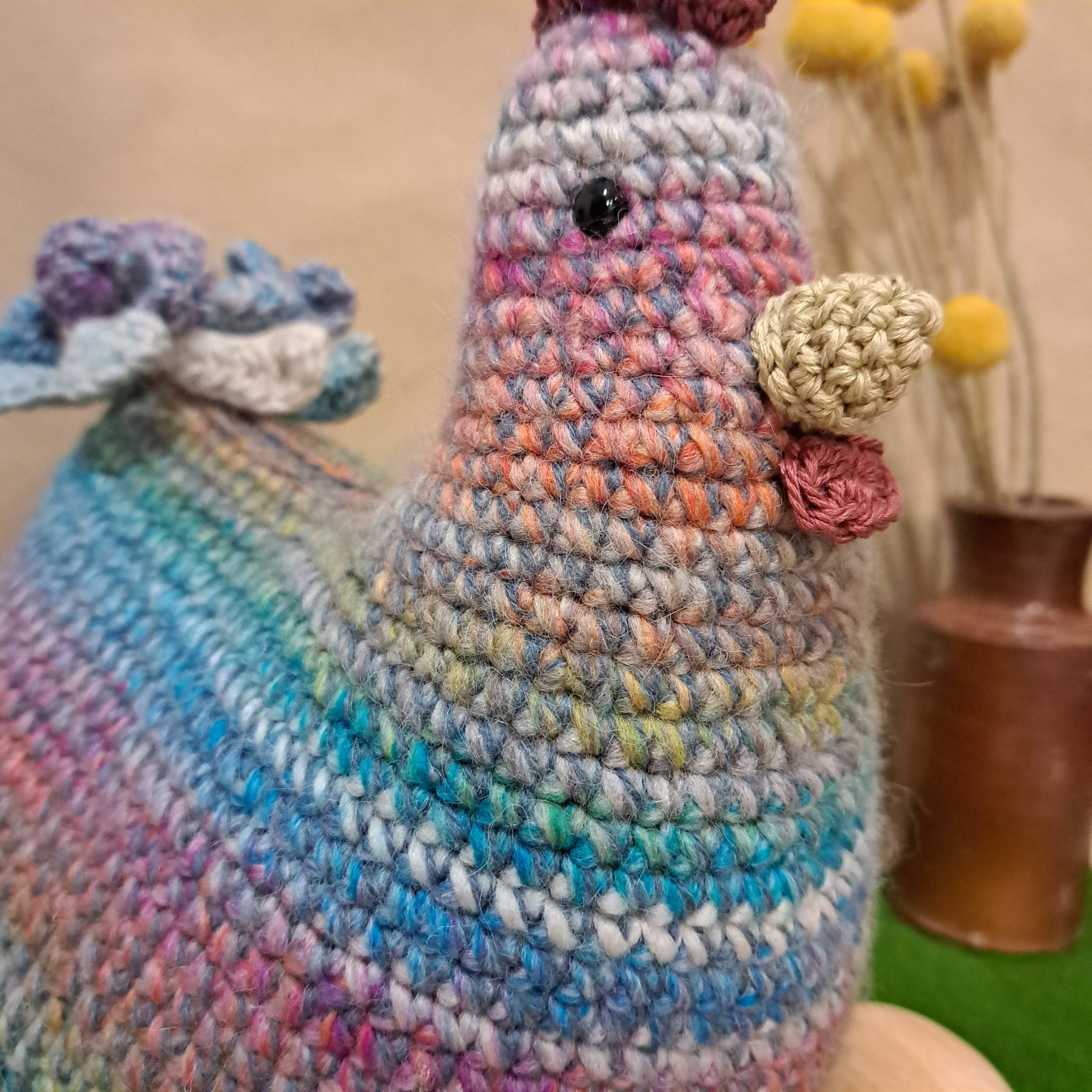 Crochet chicken pillow/cushion/toy/pinks, blues.