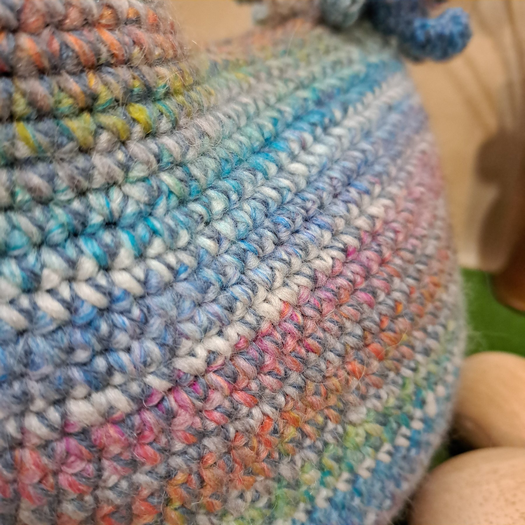 Crochet chicken pillow/cushion/toy/pinks, blues.