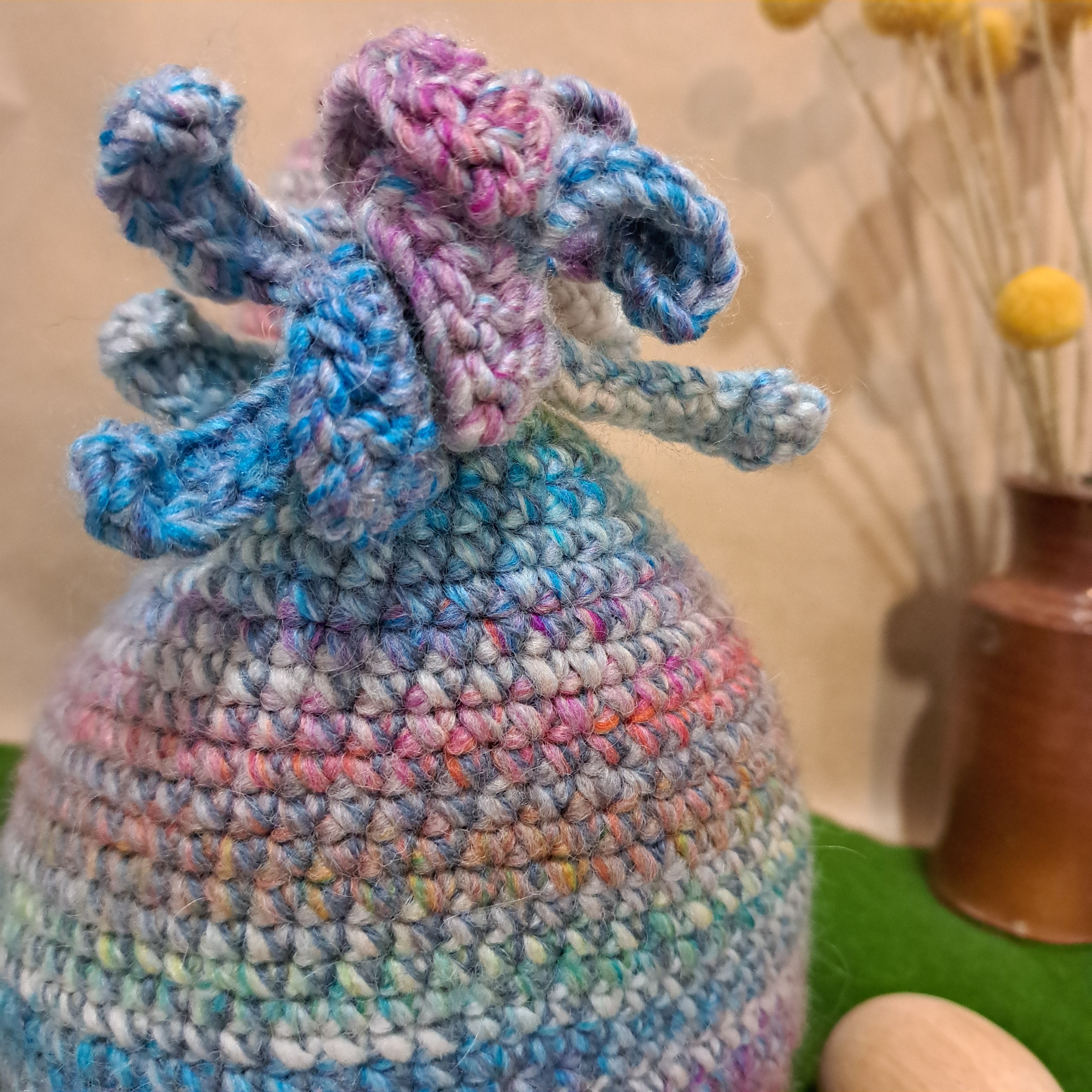 Crochet chicken pillow/cushion/toy/pinks, blues.