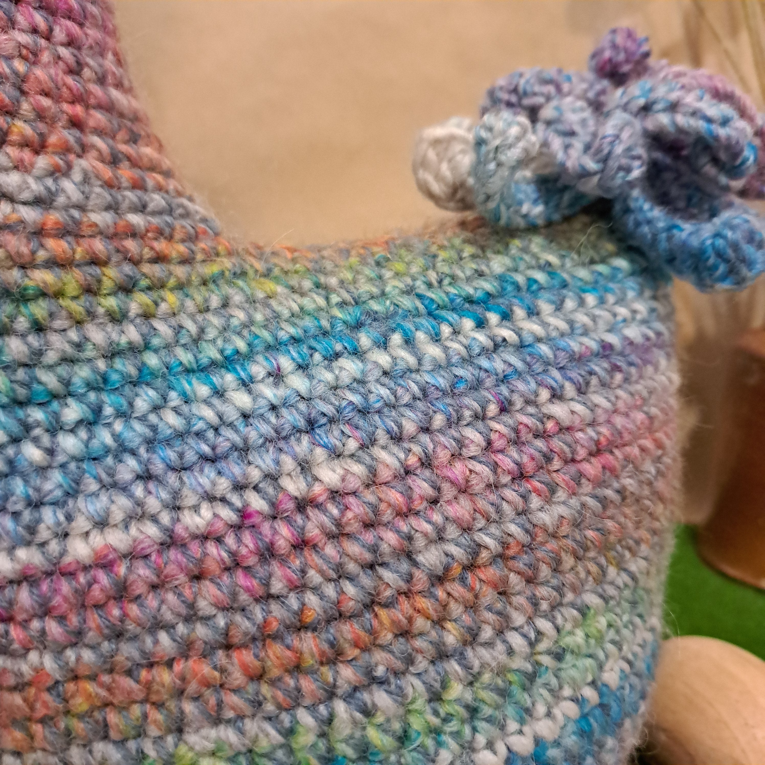 Crochet chicken pillow/cushion/toy/pinks, blues.