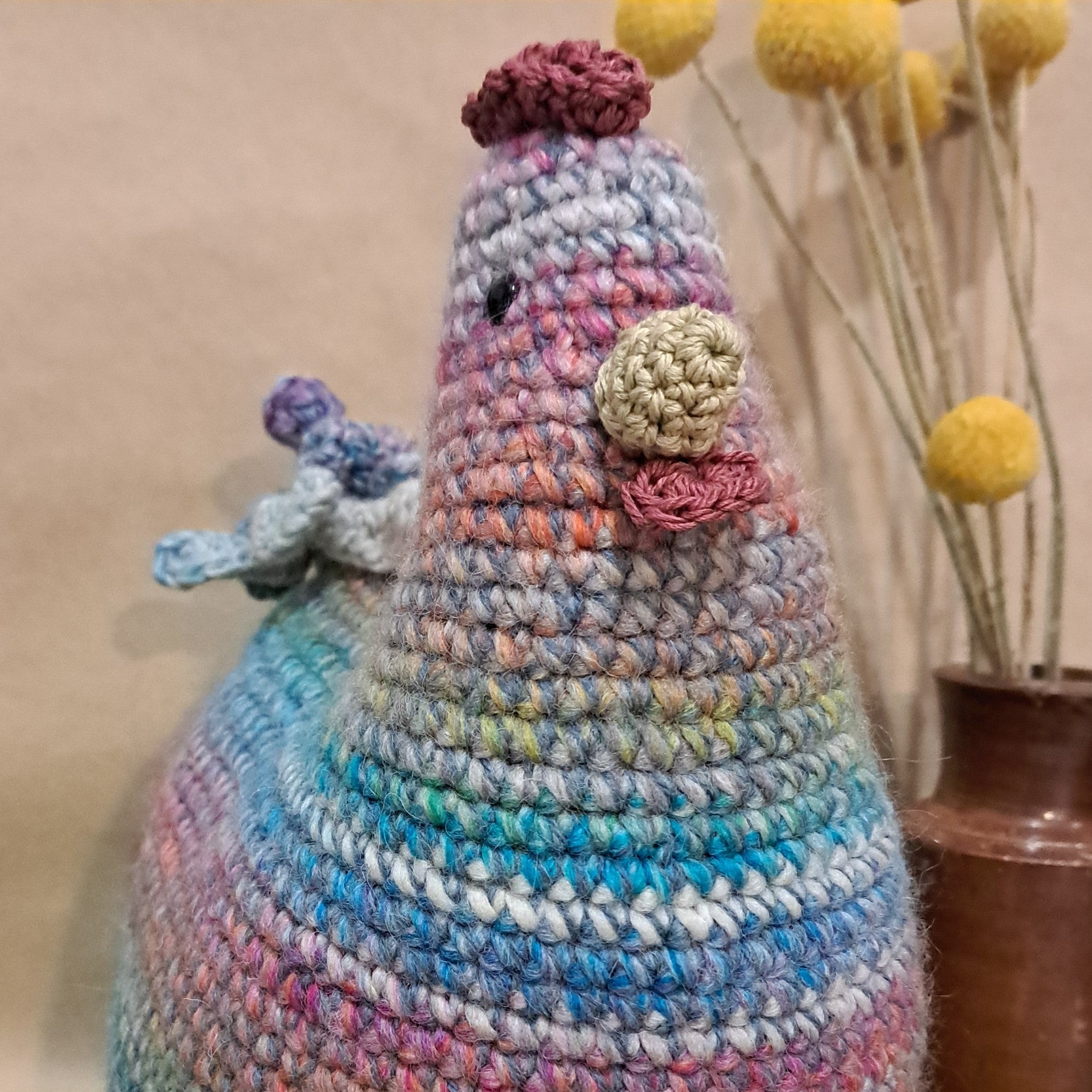 Crochet chicken pillow/cushion/toy/pinks, blues.