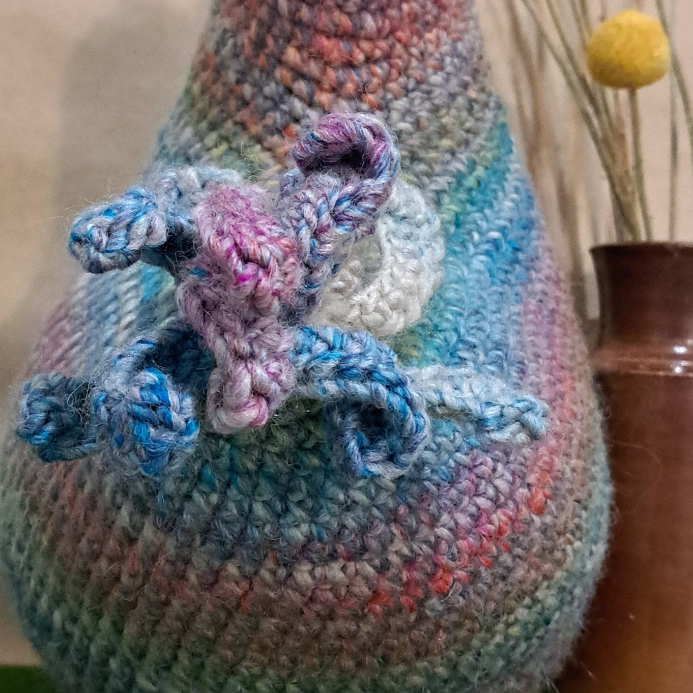 Crochet chicken pillow/cushion/toy/pinks, blues.