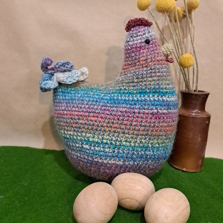 Crochet chicken pillow/cushion/toy/pinks, blues.
