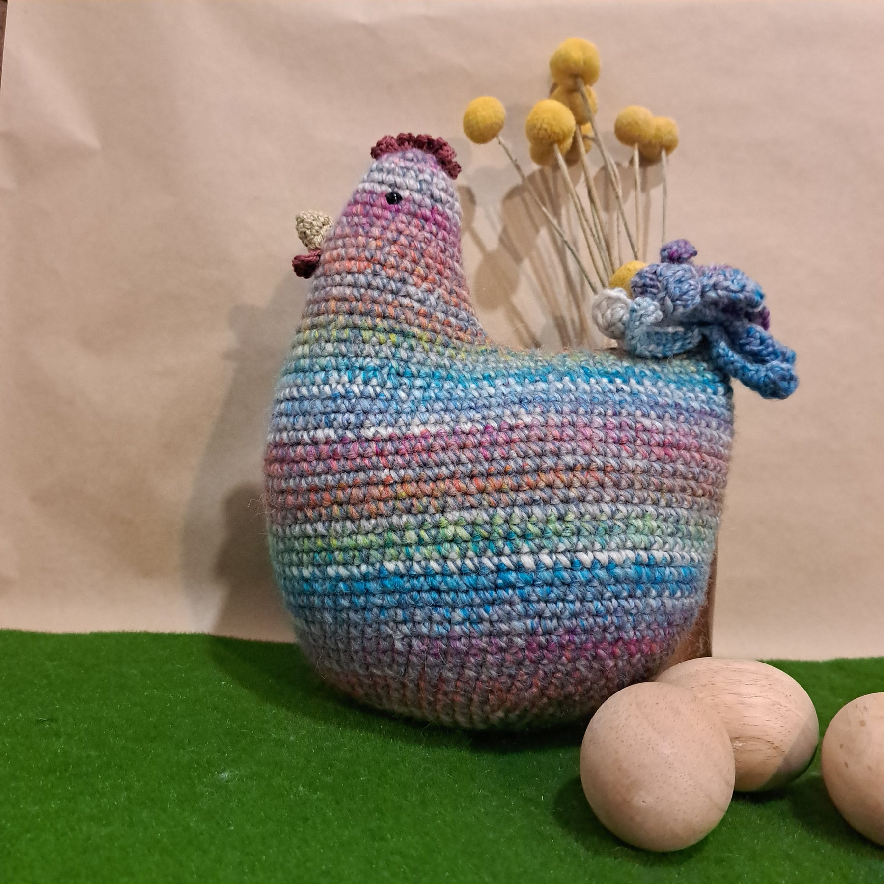 Crochet chicken pillow/cushion/toy/pinks, blues.