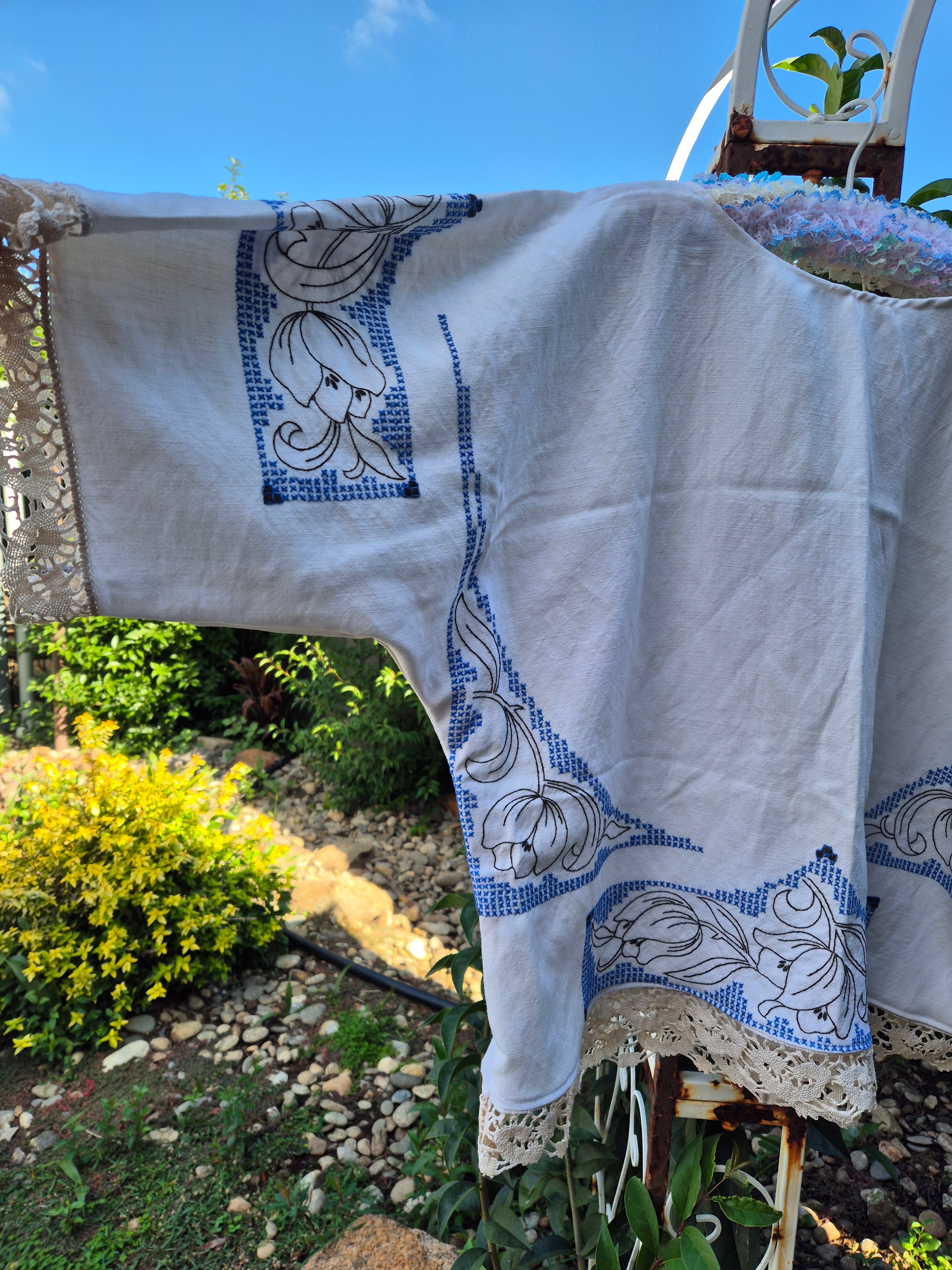 Upcycled Vintage Tablecloth top. Cross stitch and embroidery